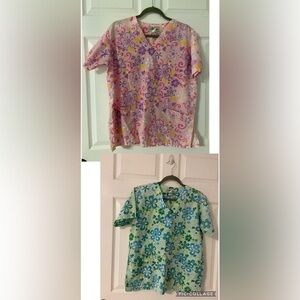 2PC. Lot TWO PADDLES Blue & Pink Floral Scrub Top